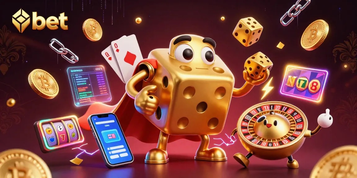 Engage with nbet through a lively cartoon scene featuring casino elements and cryptocurrency.