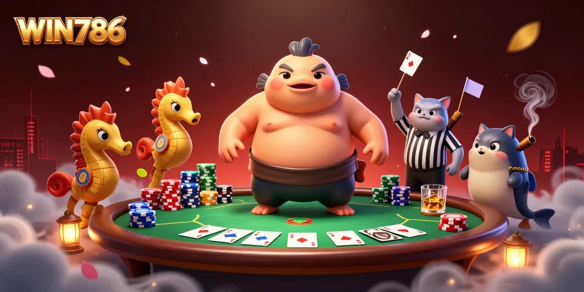 Win786 showcases a vibrant underwater casino scene with a fugu, catfish referee, and festive seahorse fans.