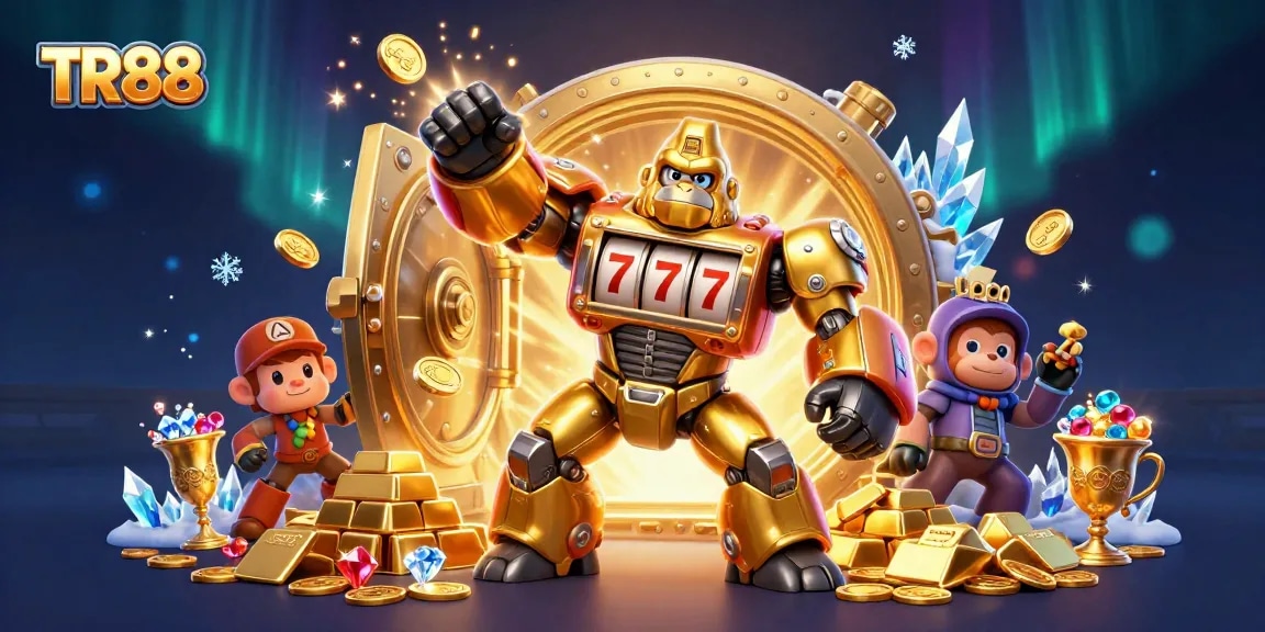 Engage with TR88’s vibrant 3D gaming scene featuring a golden gorilla mech amidst treasures.