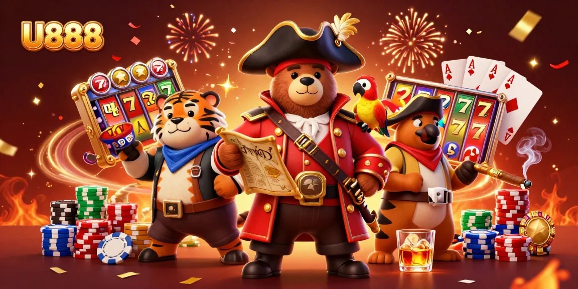 U888 showcases dynamic slot game action with vibrant casino elements in a lively scene.