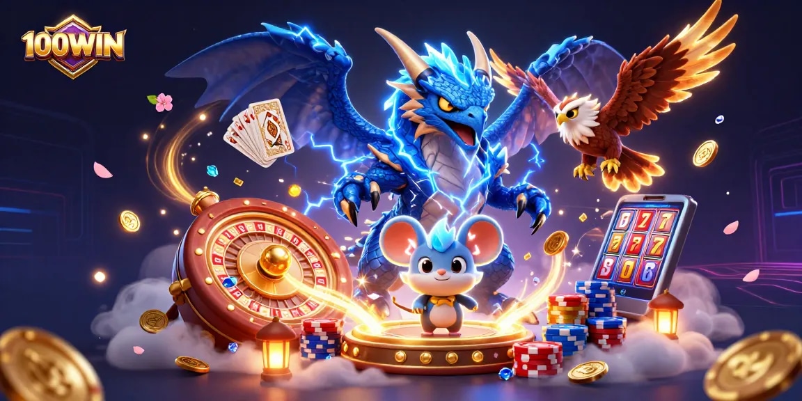 The 100WIN online casino illustration showcases thrilling gaming elements, featuring dynamic characters and casino excitement.