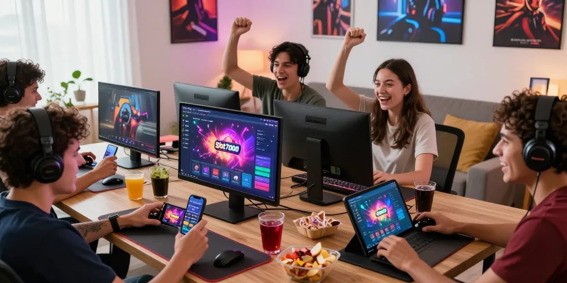 Players enjoying Slot7000 gaming platform on various devices in a lively living room atmosphere