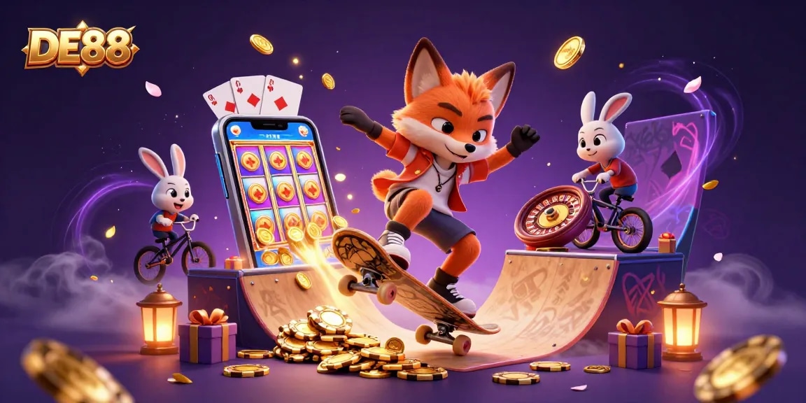 Experience the excitement at DE88 with vibrant casino-themed digital art showcasing a skateboarder fox and BMX rabbit.