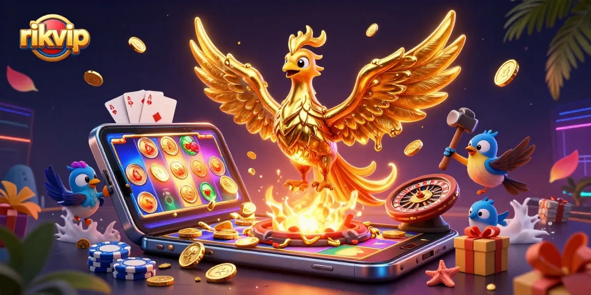 Explore the vibrant world of rikvip with a golden phoenix and casino elements, showcasing gaming excitement.