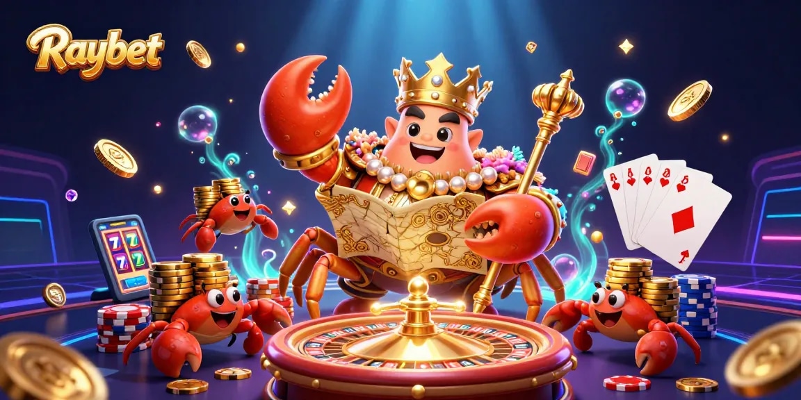 Raybet offers thrilling gaming with a golden crab emperor and vibrant casino elements in a rich, engaging scene.