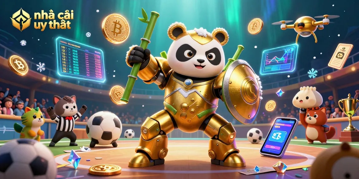 Engage with nhà cái uy tín in vibrant 3D sports betting scene with dynamic characters and elements.