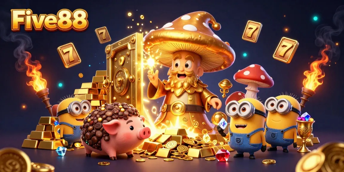 Engage with the immersive Five88 casino experience featuring a magical scene with treasures and slot game elements.