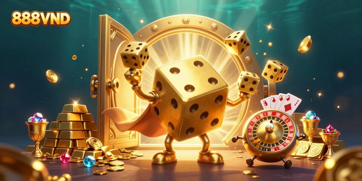 Experience the thrill of 888VND with golden dice and lively casino elements in a rich 3D scene.