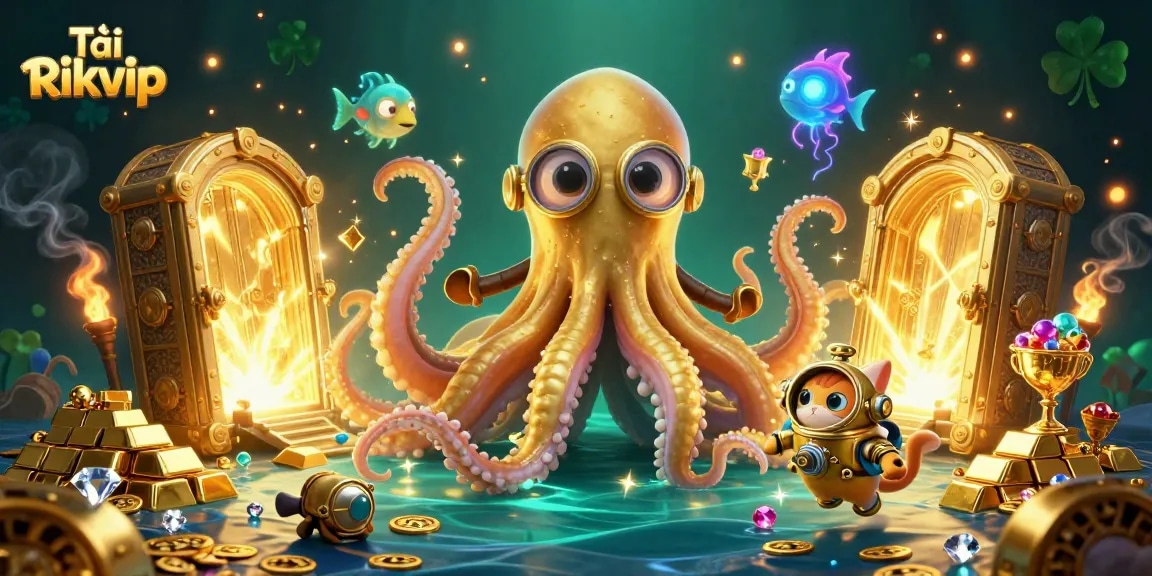 Tải Rikvip showcases a colossal kraken and diving cat in a treasure-laden scene, highlighting exciting casino gameplay.