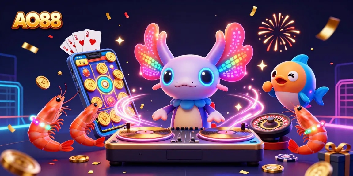 Experience gaming excitement with AO88, featuring a vibrant DJ axolotl and dynamic casino elements.