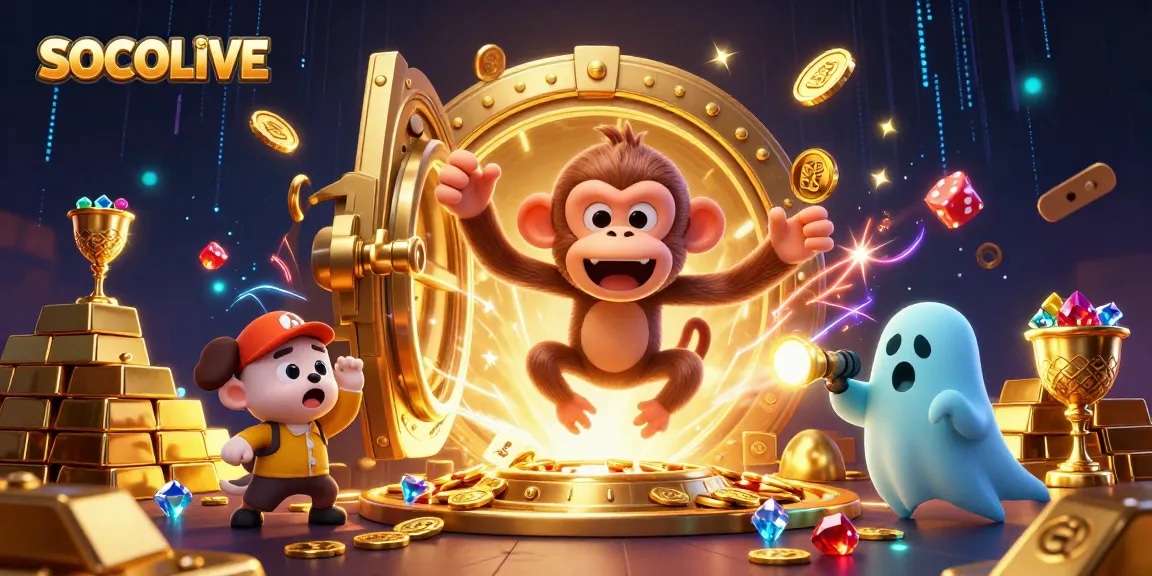 SOCOLIVE's playful poltergeist monkey juggles golden treasures in a haunted casino scene.