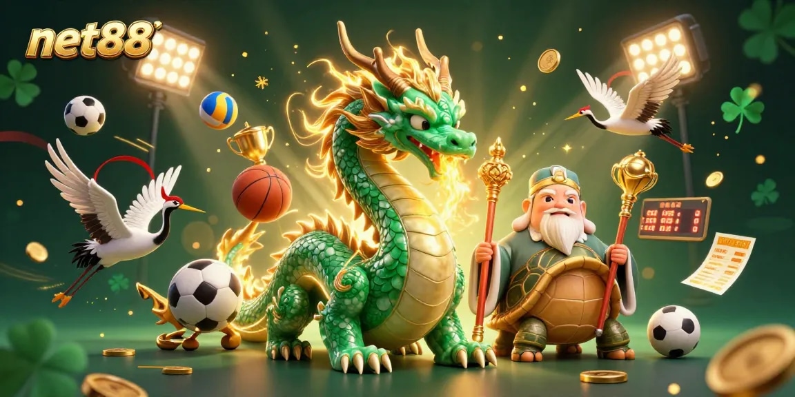 Experience thrilling bets with net88 in a vibrant 3D casino scene featuring mythical elements.