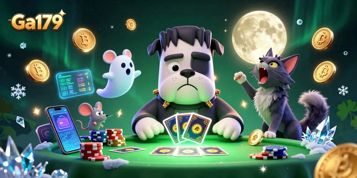 Ga179 players enjoy thrilling card games at a spooky table surrounded by floating crypto elements.