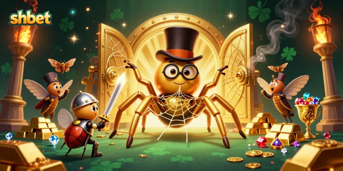 Experience thrilling gambling with shbet in a dynamic casino scene featuring a golden tarantula and brave beetle knight.