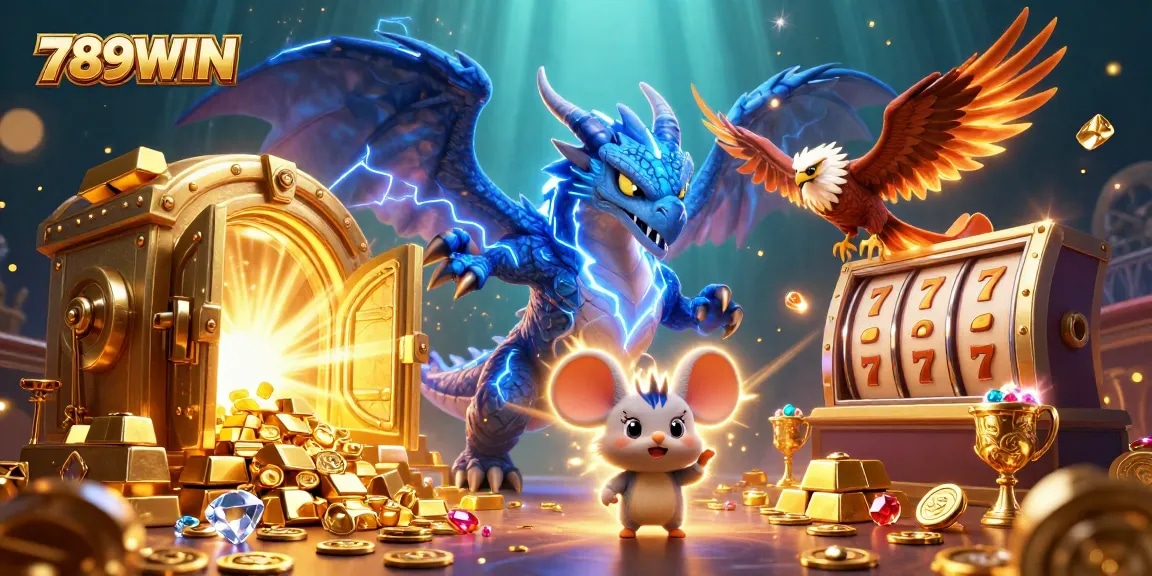 Experience the thrilling action of 789WIN as the thunder dragon unleashes jackpot excitement alongside glowing casino elements.