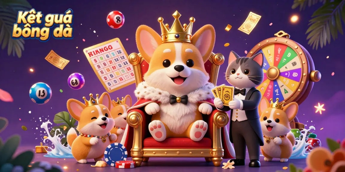 Kết quả bóng đá showcases a royal corgi surrounded by colorful gambling elements in a rich, dynamic casino scene.