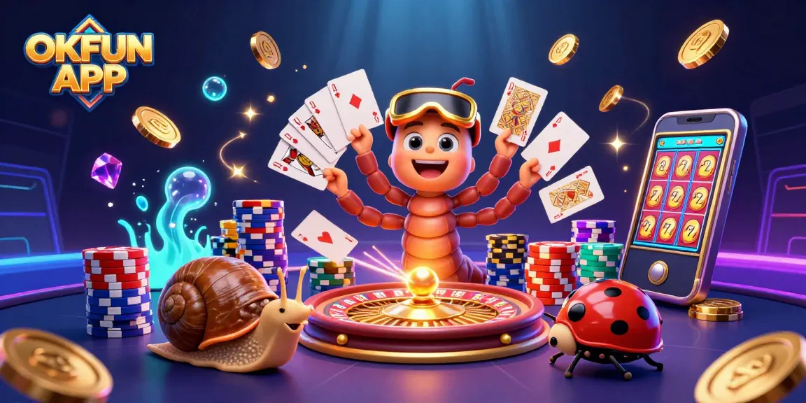 Engage with the OKFUN APP by joining an exhilarating game scene featuring unique characters and vibrant casino elements.