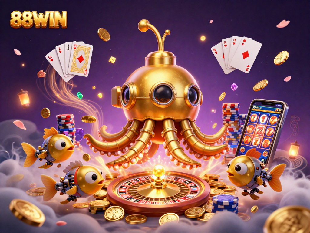 Experience thrilling gameplay with 88WIN as the golden kraken submarine emerges from coins and excitement.