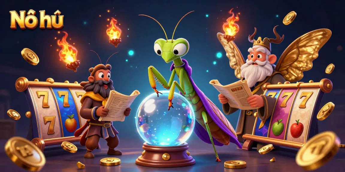 Nổ hũ energizes the game with vibrant slot symbols and a captivating fortune teller scene.