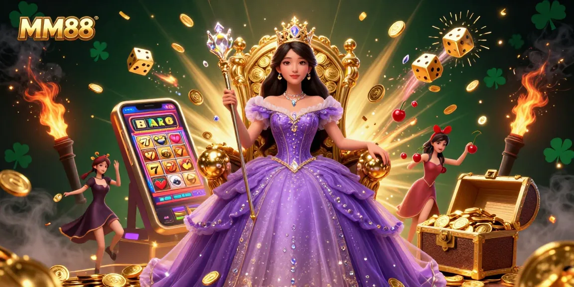 Experience the thrill of MM88 with a dazzling 3D casino illustration featuring dynamic gaming elements and a royal theme.