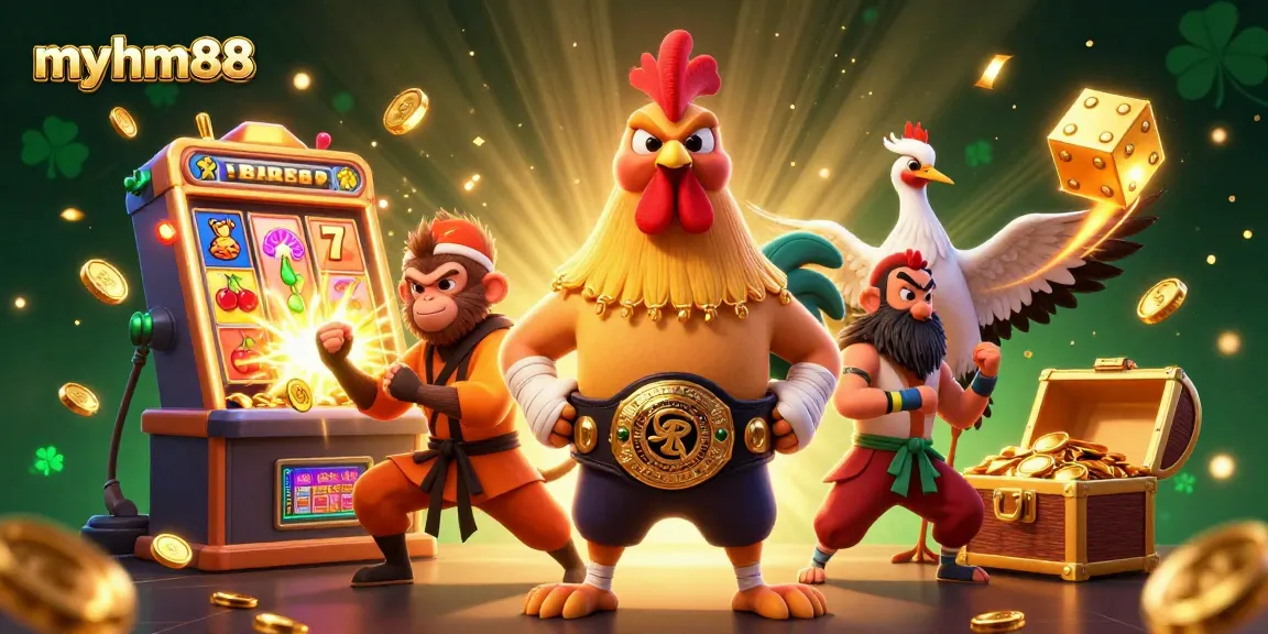 Experience massive winnings with myhm88's vibrant casino illustration featuring dynamic characters and gaming elements.