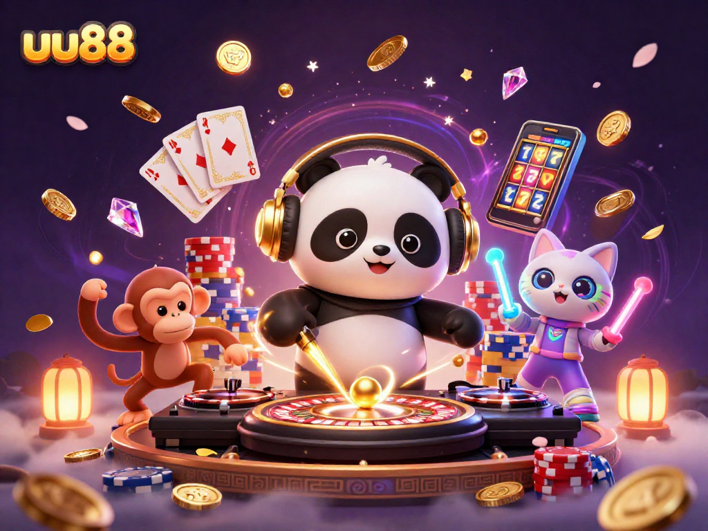 Experience thrilling gameplay at uu88 with a DJ panda and festive casino elements.