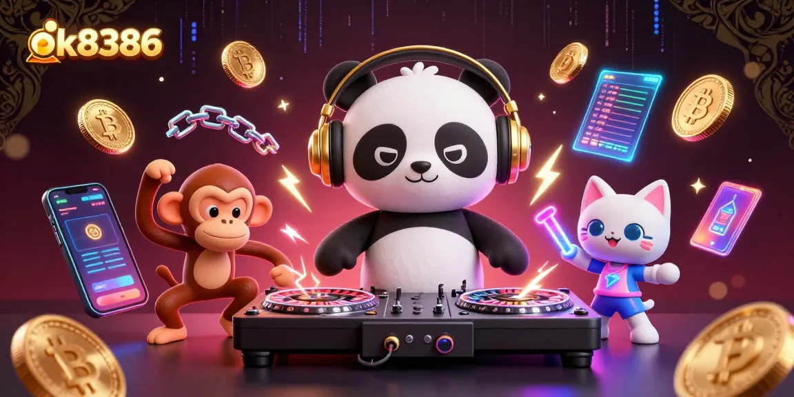 ok8386 captures an electric casino scene featuring a DJ panda, a dancing monkey, and a rave kitten amidst cryptocurrencies.