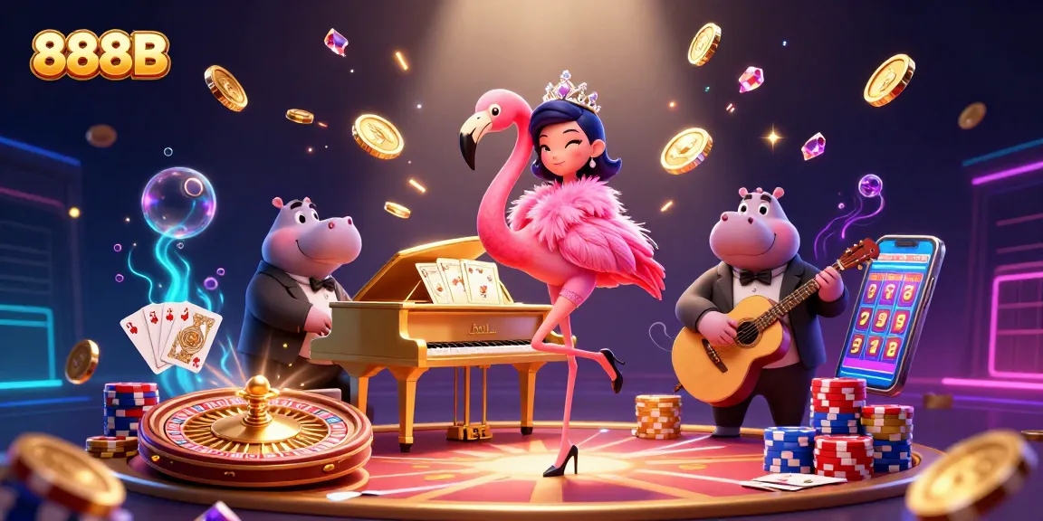 Experience the excitement of 888B with fun casino elements and characters in a dynamic scene.