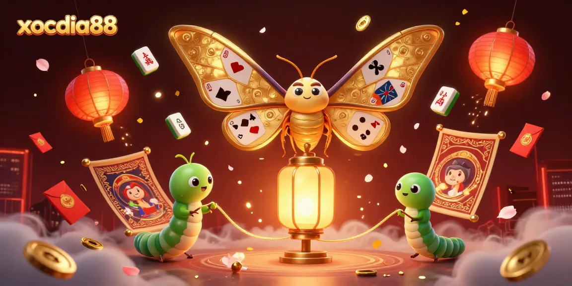 Xocdia88's vibrant 3D casino illustration featuring a golden atlas moth, lucky charms, and rich gaming elements.
