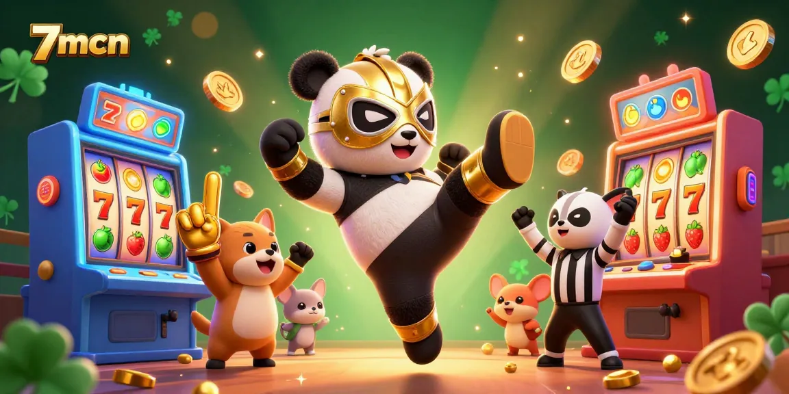Experience thrilling gameplay at 7mcn with cartoon wrestlers and exciting slot games in a vibrant casino illustration.