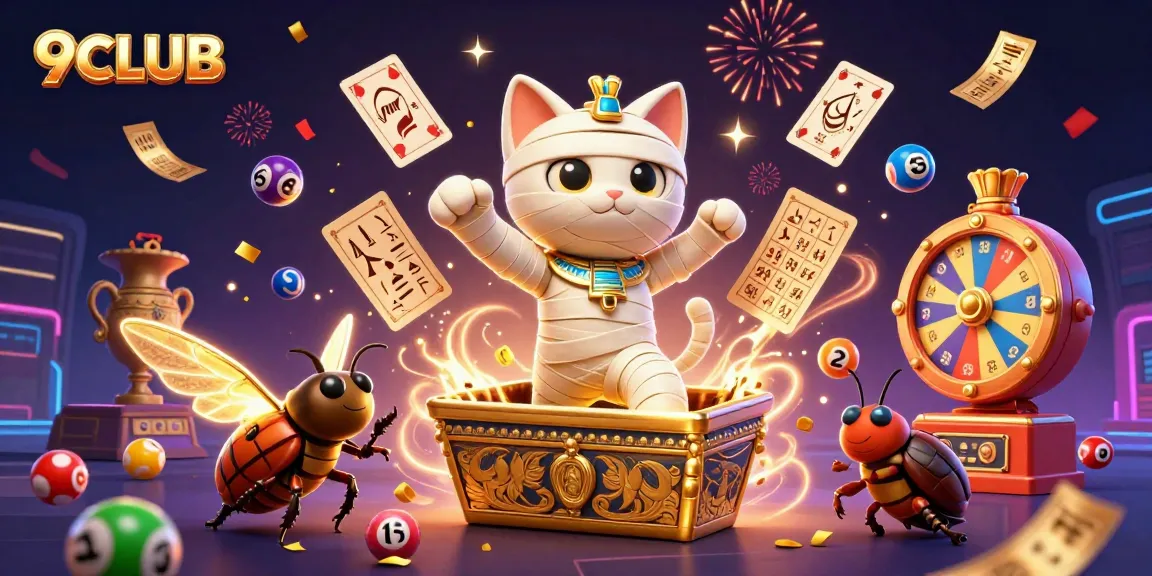 Celebrate with 9CLUB as the Egyptian mummy cat wins big in a vibrant casino scene.