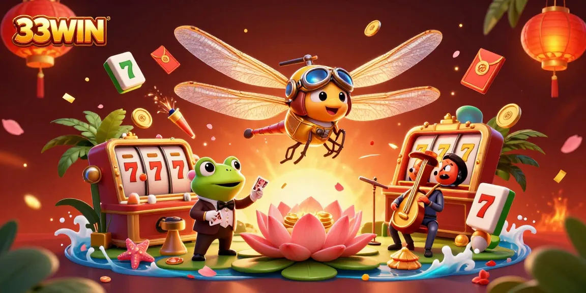 33WIN showcases a vibrant 3D casino scene with a dragonfly pilot, frog dealer, and musical crickets.