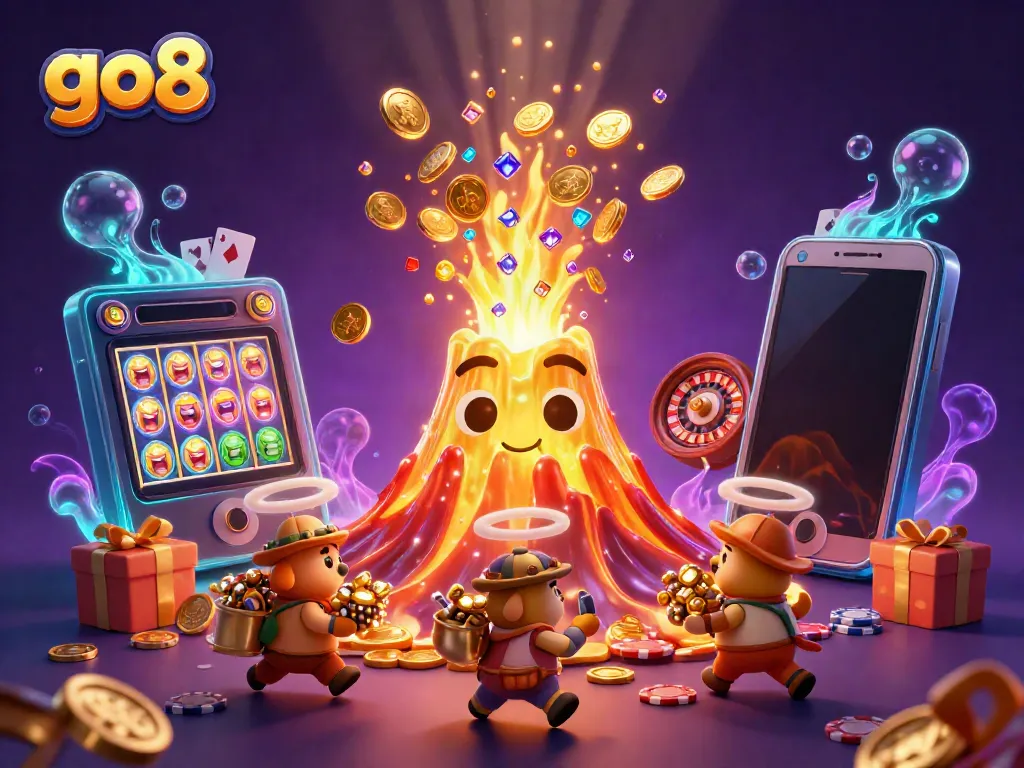 Win big at go8 with an erupting volcano of coins and vibrant casino elements.
