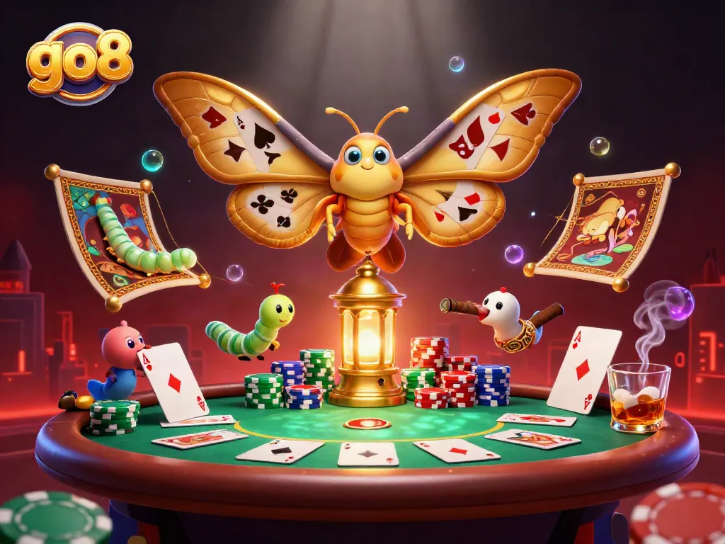 Experience thrilling gaming at go8 with a vibrant casino scene featuring poker elements and golden moths.