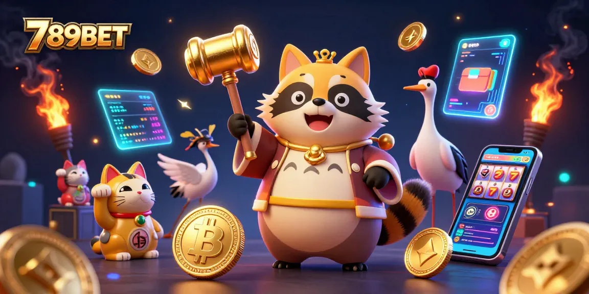 Engaging 3D illustration for 789BET with lucky symbols and crypto elements in a vibrant casino scene.