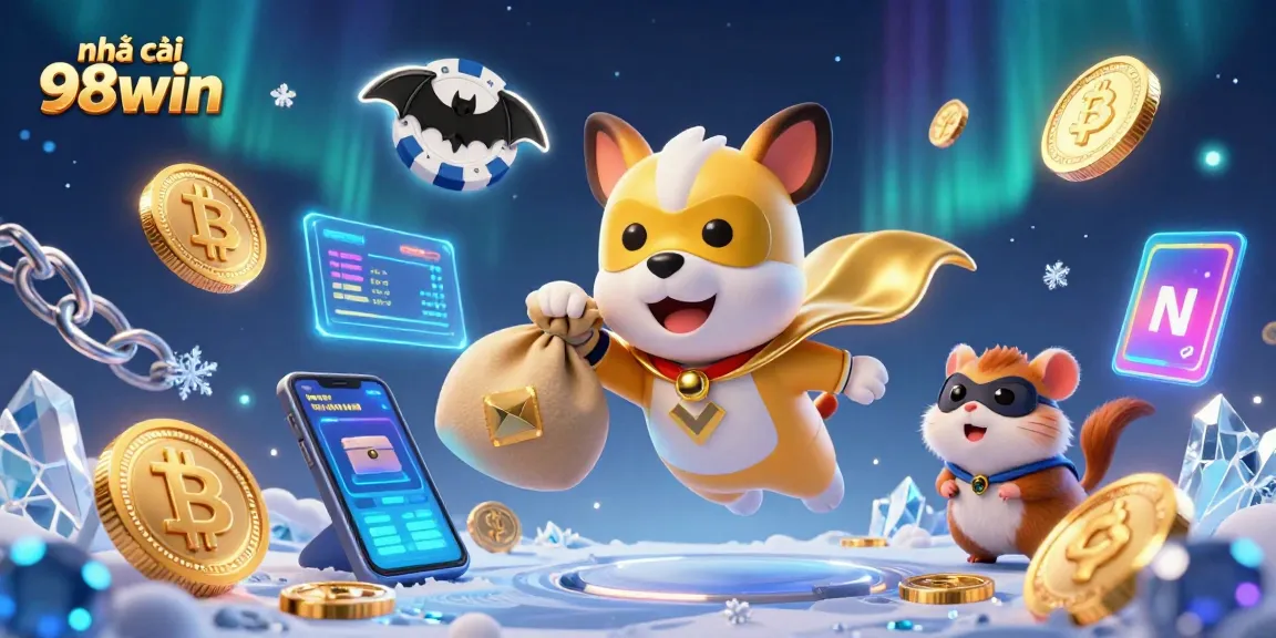 Experience excitement with nhà cái 98win's cartoon superhero dog and hamster amid floating crypto coins.