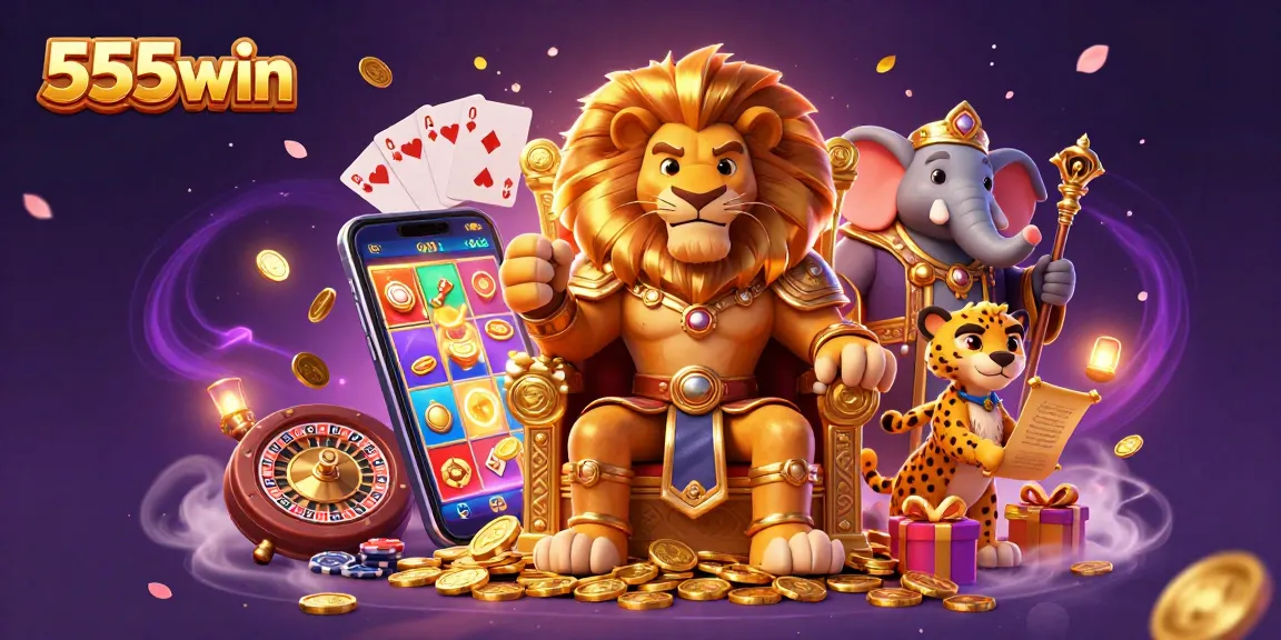 Experience the excitement of 555win with this vibrant casino-themed illustration featuring iconic characters.