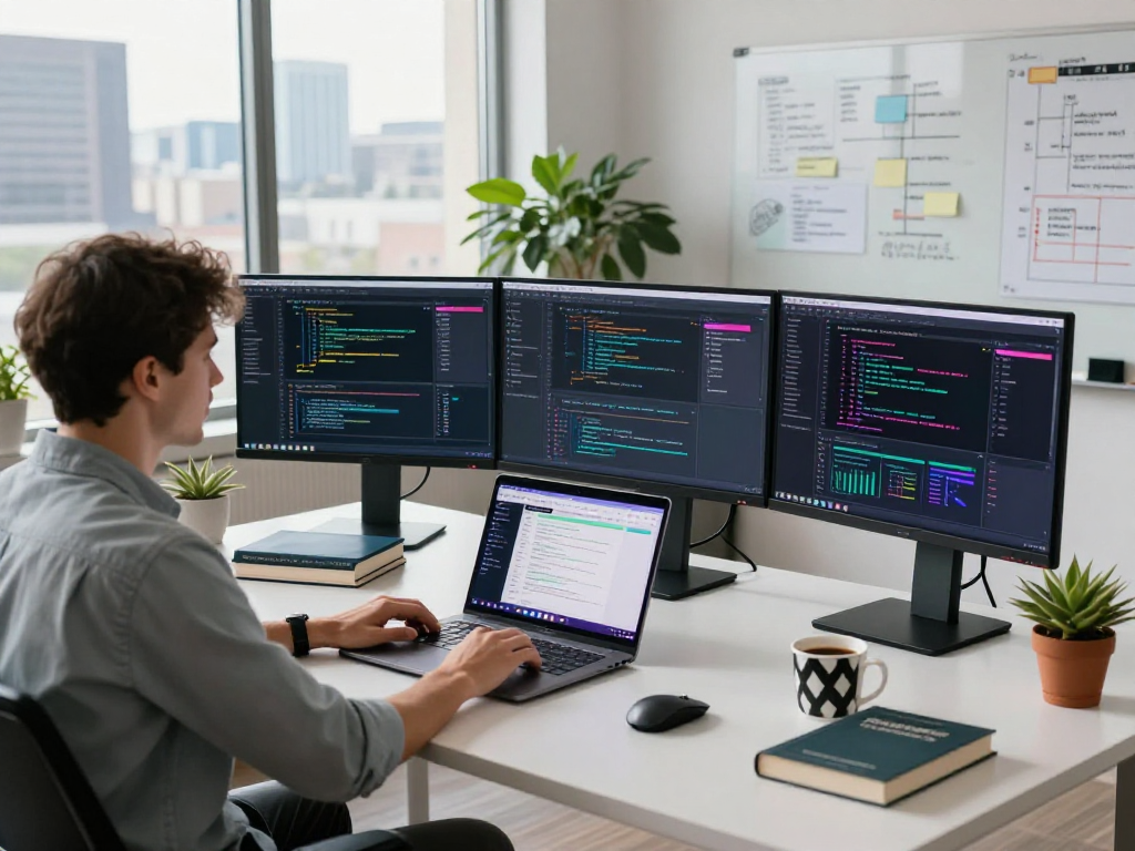 Developer coding in a modern tech workspace featuring net88 analytics on multiple screens.
