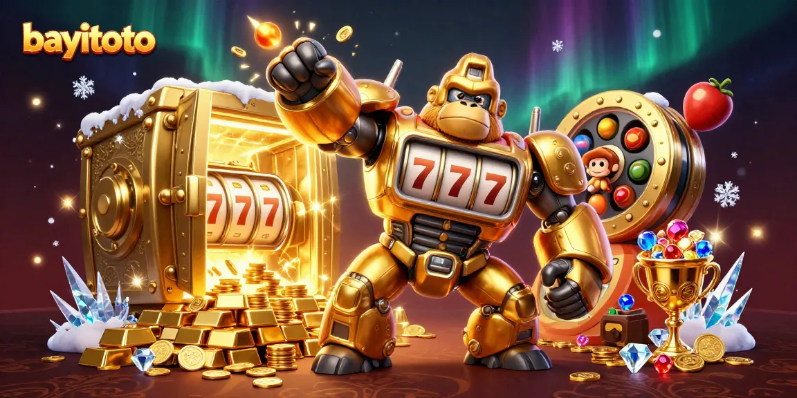 Experience bayitoto's thrilling slot adventure featuring a golden gorilla mech among dazzling treasures.