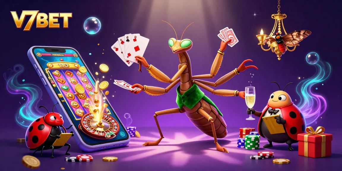 Experience thrilling gameplay with V7BET in a vibrant casino scene featuring unique characters and dynamic gaming elements.