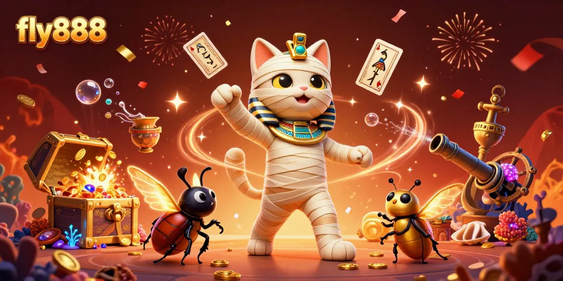 Experience the excitement of fly888 with a lively casino scene featuring a mummy cat and golden elements.