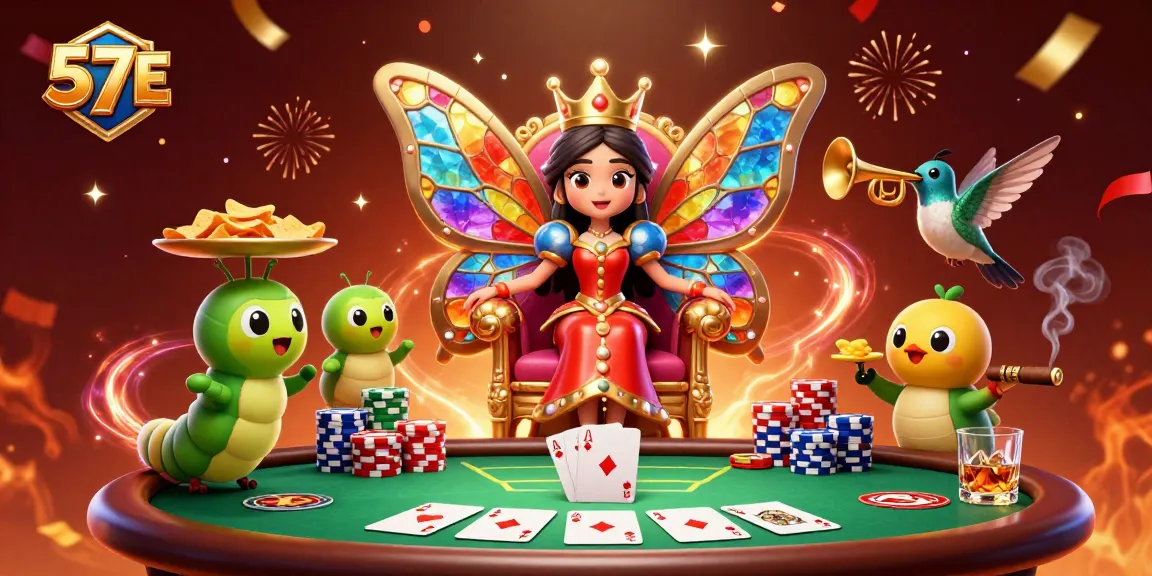 Experience thrilling poker excitement with 57E's vibrant casino illustration featuring a butterfly queen.