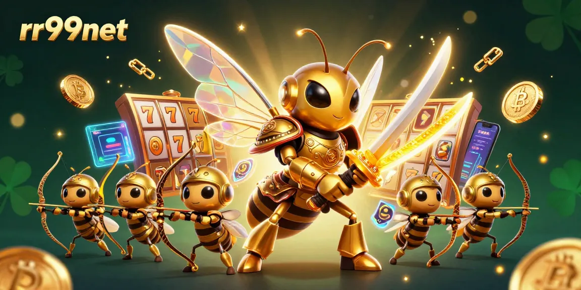 Immerse in thrilling gameplay at rr99net with a vivid 3D illustration of a golden samurai hornet and dynamic slot elements.