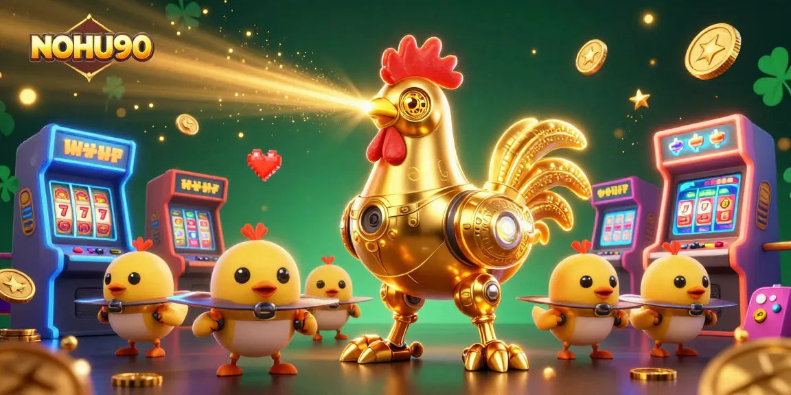 NOHU90 features an exhilarating golden rooster robot with vibrant casino game elements, symbolizing gaming excitement.