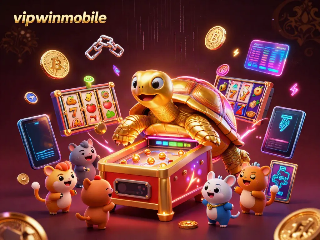 Engage with vipwinmobile through a vibrant casino scene featuring a golden tortoise pinball machine and lively animals.