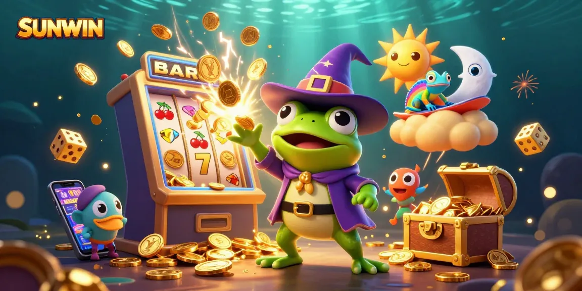 SUNWIN entertains players with a dynamic 3D scene of a frog wizard and chameleon creating a coin storm.