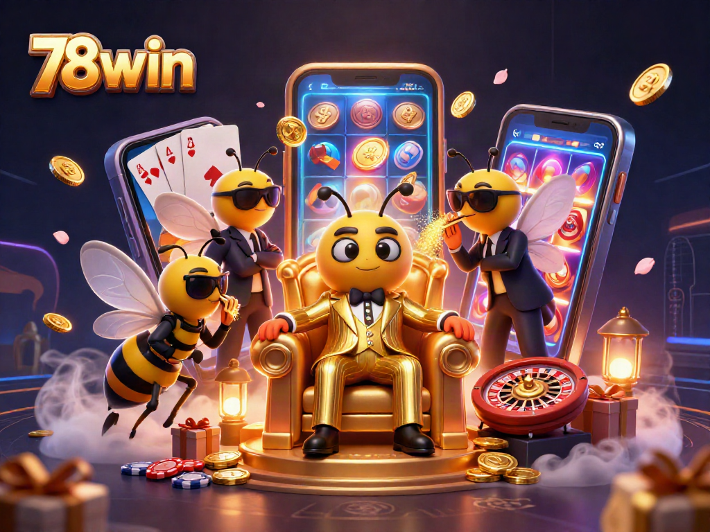 78win dynamic casino illustration featuring a bumblebee mob boss amidst slot games and radiant elements.