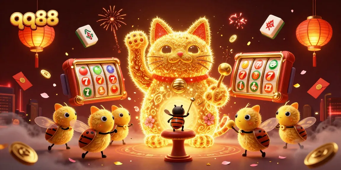 Experience the excitement of qq88 with a cheerful lucky cat made of fireflies amidst thrilling casino symbols.