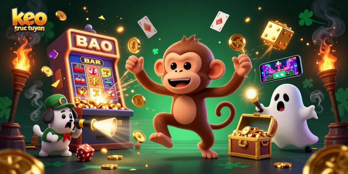 Engage with keo truc tuyen in this vibrant 3D illustration featuring mischievous characters amidst dynamic casino elements.