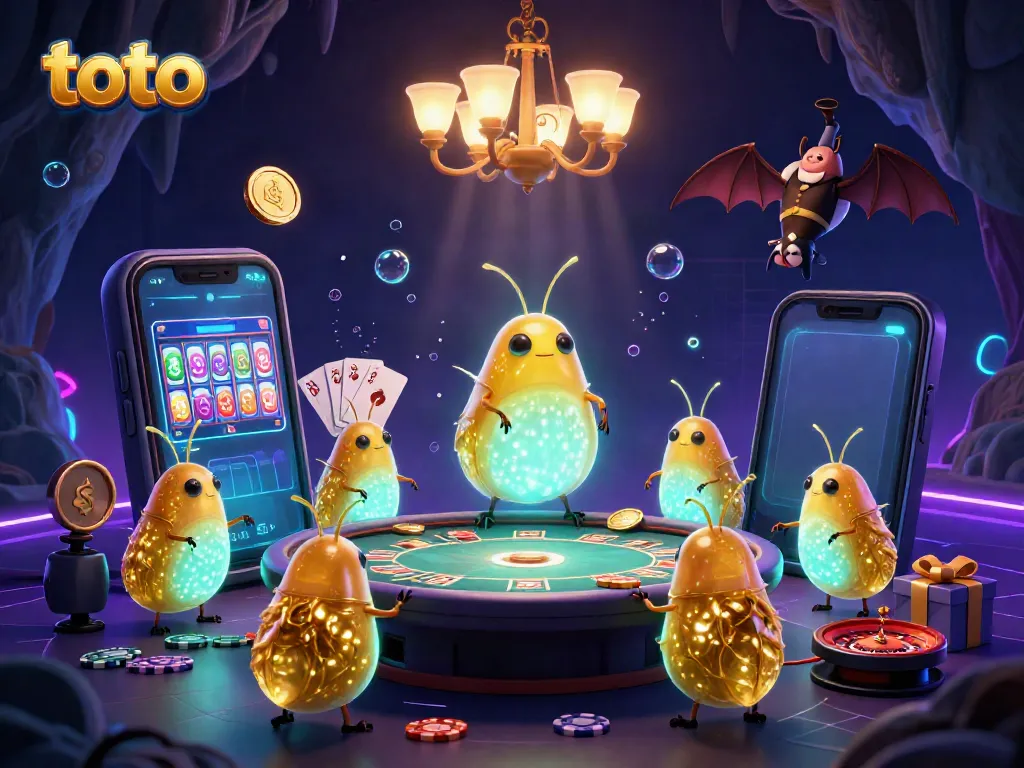 Experience the glowing casino atmosphere with the toto theme as glowworms and a bat dealer create a lively gaming environment.